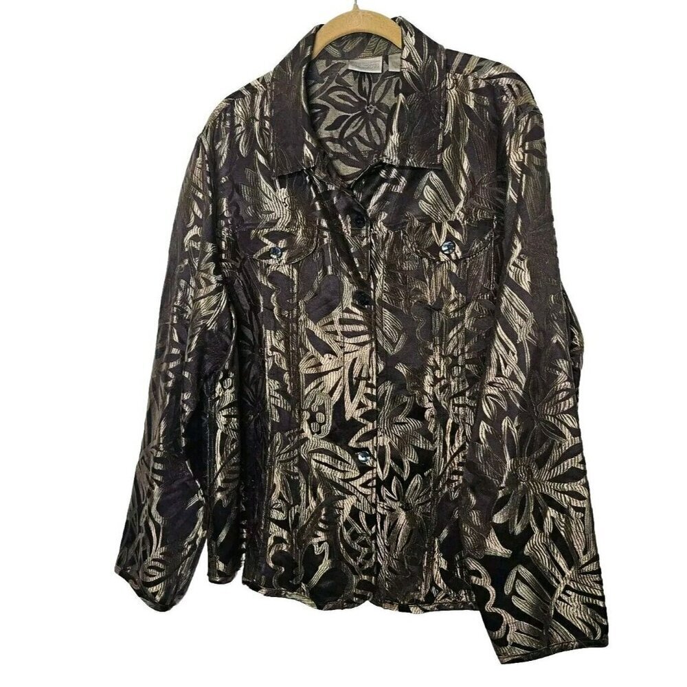 Chico's Women's Jacket Size 3 L Floral‎ Silk Rayon Brown Long Sleeve Classic
